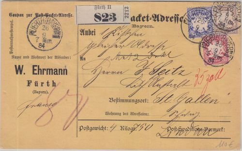 Bayern - 50+20+10 Pfg Wappen Wz.3 Paketkarte i.d. SCHWEIZ Fürth - St.Gallen 1884