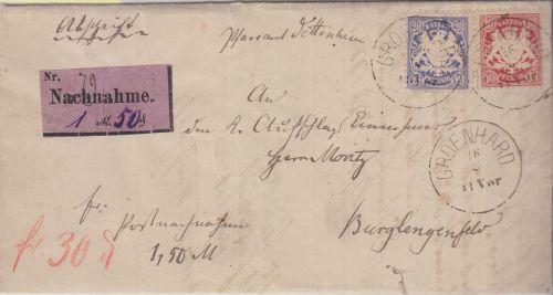Bayern - 10+20 Pfg Wappen weite Welle Nachnahmebrief Groenhard 1880