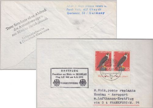 Schweiz - 30 Rp. Wanderfalke Raar/Unterrand Zuleitungspost LH-Erstflug 1972