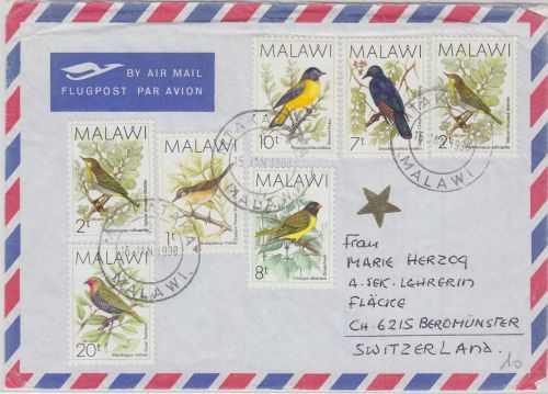 Malawi - 20 T. Vögel u.a. Luftpostbrief i.d. SCHWEIZ Mtakataka Beromünster 1990