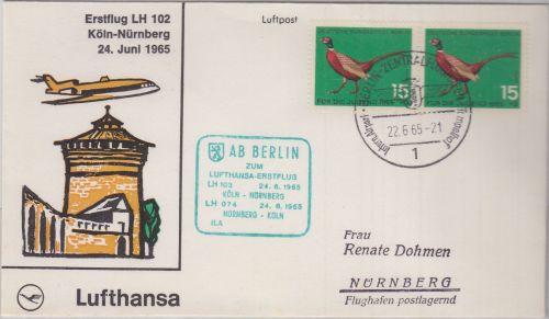 Berlin - 2x15 Pfg. Jugend/Fasan Zuleitungspost LH-Erstflug Köln - Nürnberg 1965