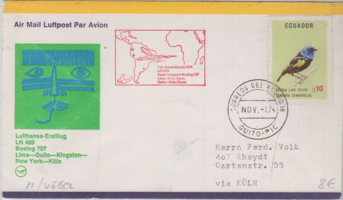Ecuador - 10 $. Tangare Lufthansa Erstflug Lima - Köln 1974 Etappe Quito-Köln