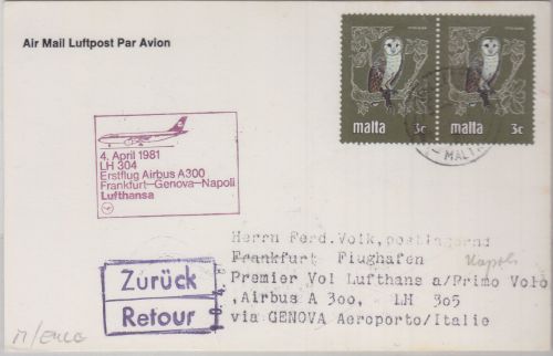 Malta - 2x3 C. Schleiereule Zuleitungspost LH-Erstflug FFM Neapel 1981