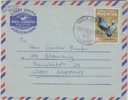 Malaysia - 30 C. Elfenblauvogel Aerogramme Kuala Lumpur - Oldenburg 1972