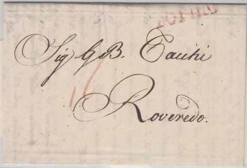 Königreich Sardinien/Österreich Torino roter L1 Grenzfrankobrief n Rovereto 1816