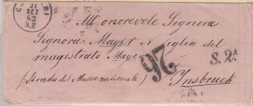 Königreich Sardinien/Österreich - Cagliari 1862 K1 Portobrief n. Innsbruck "S2A"