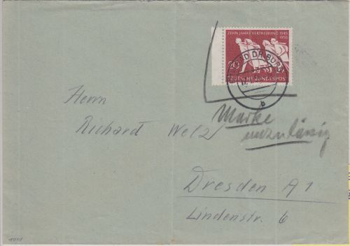 BRD - 10 J. Vertreibung Brief Bad Driburg - Dresden 1956 "Marke unzulässig"