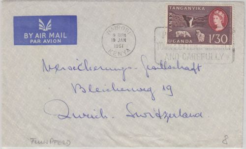 Ostafrik. Gemeinschaft - 1.30 Sh. Flusspferd etc Luftpostbrief i.d. SCHWEIZ 1961