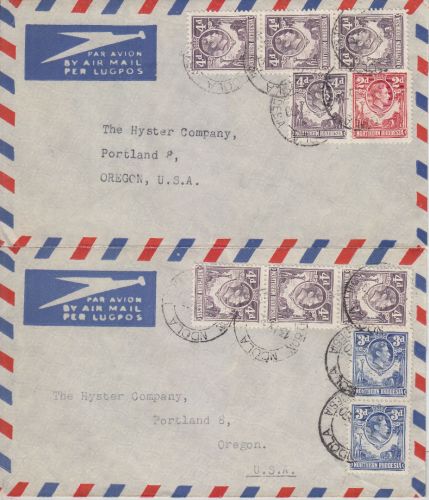 North. Rhodesia - Ndola 1950 2 Luftpostbriefe n. Portland/USA