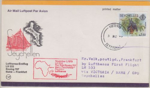 Seychellen - 1,50 R. Flughund Lufthansa Erstflug Mahe - Frankfurt a/M. 1979