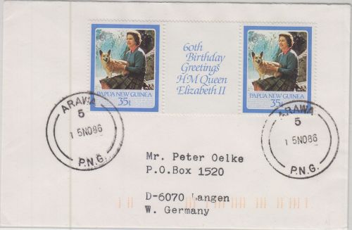 PNG - 2x35t 60th Birthday Elisabeth Zwischenstegpaar Brief Arawa - Langen 1986