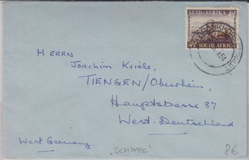 Südafrika - 4 1/2 P. Merinoschaf Brief Bronhorstspruit - Tiengen 1954