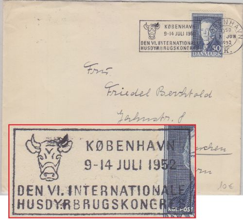 Dänemark - Kopenhagen 1952 VI. Int. Tierzuchtkongress Masch.werbestpl. Brief