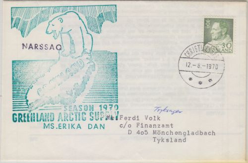 Grönland - Narssaq 1970 Greenland Arctic Supply MS Erika Dan Cachet a. Brief