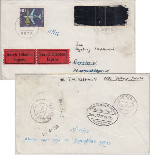 BRD/Postkrieg - 2x20 Pfg. 20 J. Vertreibung u.a. Eilbrief Jettingen Rostock 1965