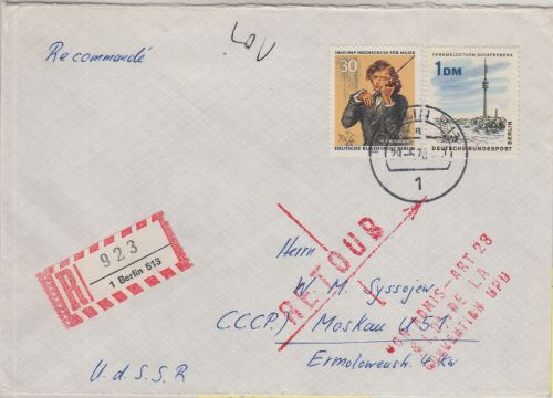 Berlin/Postkrieg - 1 M. Neues Berlin ua Einschreibebrief i.d. UdSSR 1970 Retour