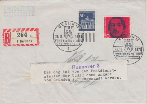 Berlin/Postkrieg - 50 Pfg. Brandenburger Tor ua Einschreibebrief i.d. UdSSR 1970