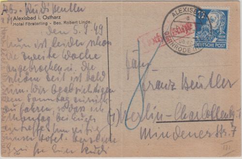 SBZ/Postkrieg - 12 Pfg. Engels Karte Alexisbad ü. Gernrode Berlin 1949 Nachporto