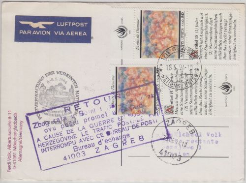 UNO Genf/Postsperre - 2x50 Rp. Menschenrechte Lupo-Karte n BOSNIEN/Sarajevo 1994