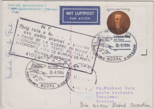 BRD/Postsperre - Wessling 1994 SST Raumfahrt Lupo-Karte n. BOSNIEN 1992