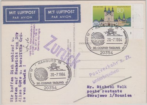 BRD/Postsperre - "Postverkehr z.Zt. unterbrochen" L2 Lupo-Karte n. BOSNIEN 1994