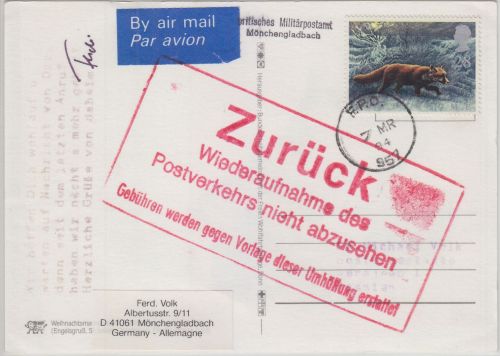 England FPO/Postsperre - FPO 957/Mönchengladbach Luftpostkarte n. BOSNIEN 1994