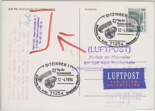 BRD/Postsperre - Ditzingen SST Tag d. Kosmonautik Luftpostkarte n. BOSNIEN 1994