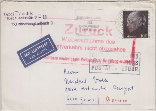 BRD/Postsperre - 100 Pfg. Adenauer Luftpostbrief n. BOSNIEN 1994 Retour-Ra4