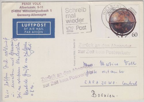BRD/Postsperre - 60 Pfg. Globus Luftpostkarte n BOSNIEN Bielefeld 1992 Retour-L2