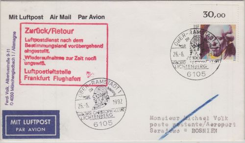 BRD/Postsperre - 100 Pfg. Lichtenberg Luftpostbrief n BOSNIEN Ober-Ramstadt 1992