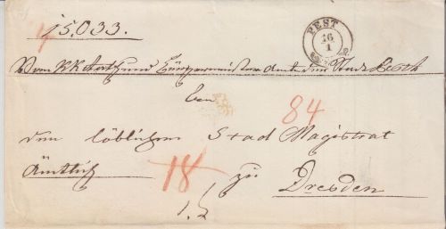 Ungarn/Sachsen - Pest 16/1 K2 Portobrief (2. Gew.stufe) n. Dresden ca. 1848