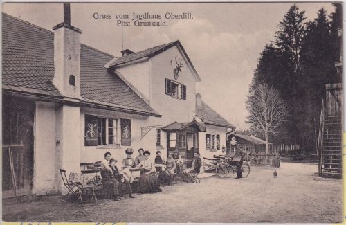 Bayern - Grünwald Jagdhaus Oberdill Gäste Postbote sw-AK gelaufen 1911