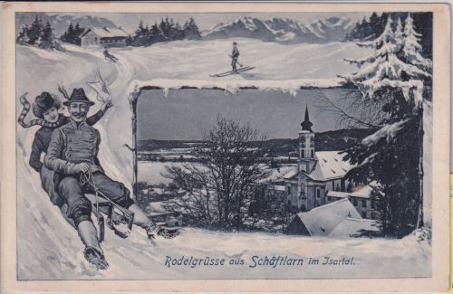 Bayern - Schäftlarn Rodelgrüße sw-Winter-Passepartout-AK gelaufen 1906