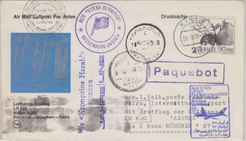 Schweden - 90 Ö. Elch Zuleitungspost/Schiffspost LH-Erstflug München Cairo 1978