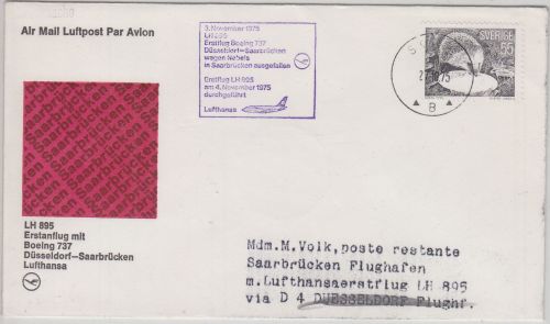 Schweden - 55 Ö. Igel Zuleitungspost LH-Erstflug Düsseldorf - Saarbrücken 1975