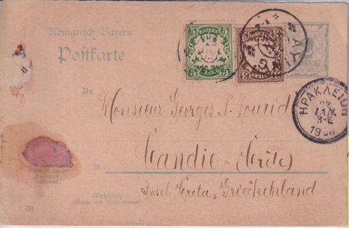 Bayern - 2 Pfg. Rauten Ganzsache+Zusatz n. GRIECHENLAND (Kreta !) Aying 1906