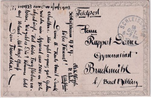 Bayern - Schleissheim 1917 K1 Feldpostkarte hds. Abs. Fliegerschule n. Bruckmühl