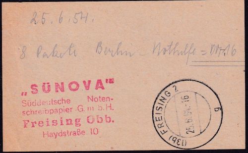 BRD - Freising 1954 Notopfer-Provisorium Gebührenzettel f. 8 Pakete