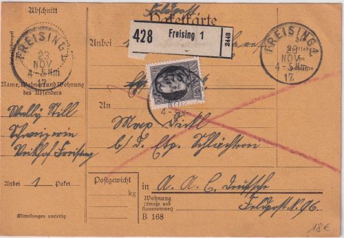 Bayern - 25 Pfg. Ludwig Soldaten-Paketkarte Freising - Dt. Feldpost Nr.96 1917