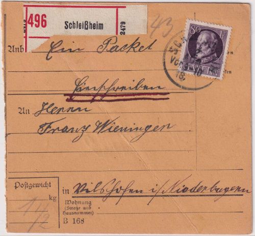 Bayern - 80 Pfg. Ludwig Einschreibe-Paketkarte Schleißheim - Vilshofen 1918