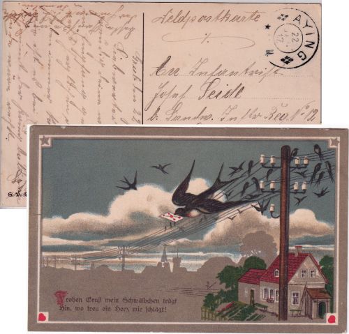 Bayern - Aying 1917 Zier-K2 Feldpostkarte (v. Grub) an Ldw.Inf.Rgt. 12