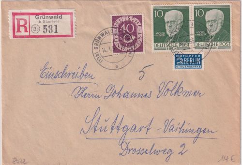 BRD - Grünwald (b. München) Einschreibebrief n. Stuttgart 1953 Absender !