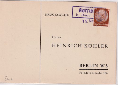 Sudetenland - Kottwitz b. Arnau (Elbe) Ra + Dat-L1 15. Nov 1938 Drucksache