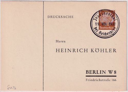 Sudetenland - Johannesthal b. Reichenberg 19. Nov 1938 Aush.-Stpl. Drucksache
