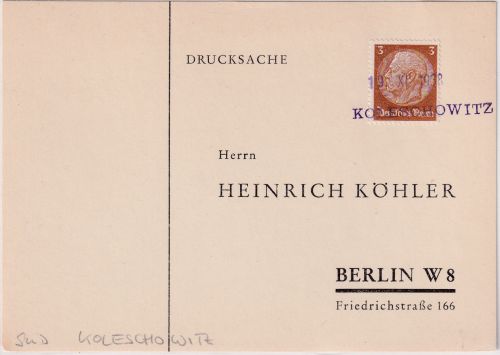 Sudetenland - Koleschowitz 19. XI. 1938 Aush.-Stpl. Drucksache