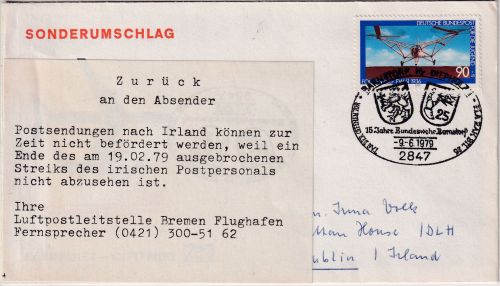 BRD/Postsperre - Barnstorf 1979 SST Bundeswehr Luftpostbrief n IRLAND Poststreik