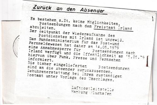 BRD/Postsperre - Schwarzenbek 1979 SST Luftpostbrief n IRLAND Poststreik