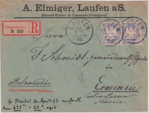 Bayern - 2x20 Pfg. Wappen Einschreibebrief i.d. SCHWEIZ Laufen - Ermensee 1893