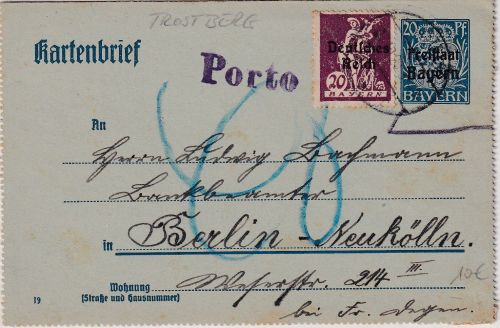 Bayern - 20 Pfg. Hupp GA-Kartenbrief Trostberg - Berlin 7.10.20 Nachporto !