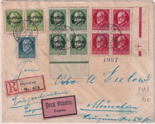 Bayern - 10 Pfg. Ludwig/4er-Block u.a. Eil-Einschreibebrief Freilassing 1920